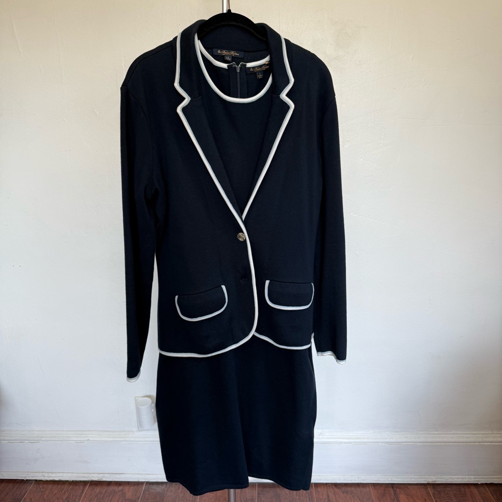 Brooks Brothers Navy Knit Suit Sheath Dress Jacket Sz Large